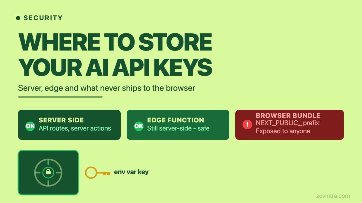 Where to Store API Keys for an AI Feature: Server, Edge and What Never to Ship to the Browser