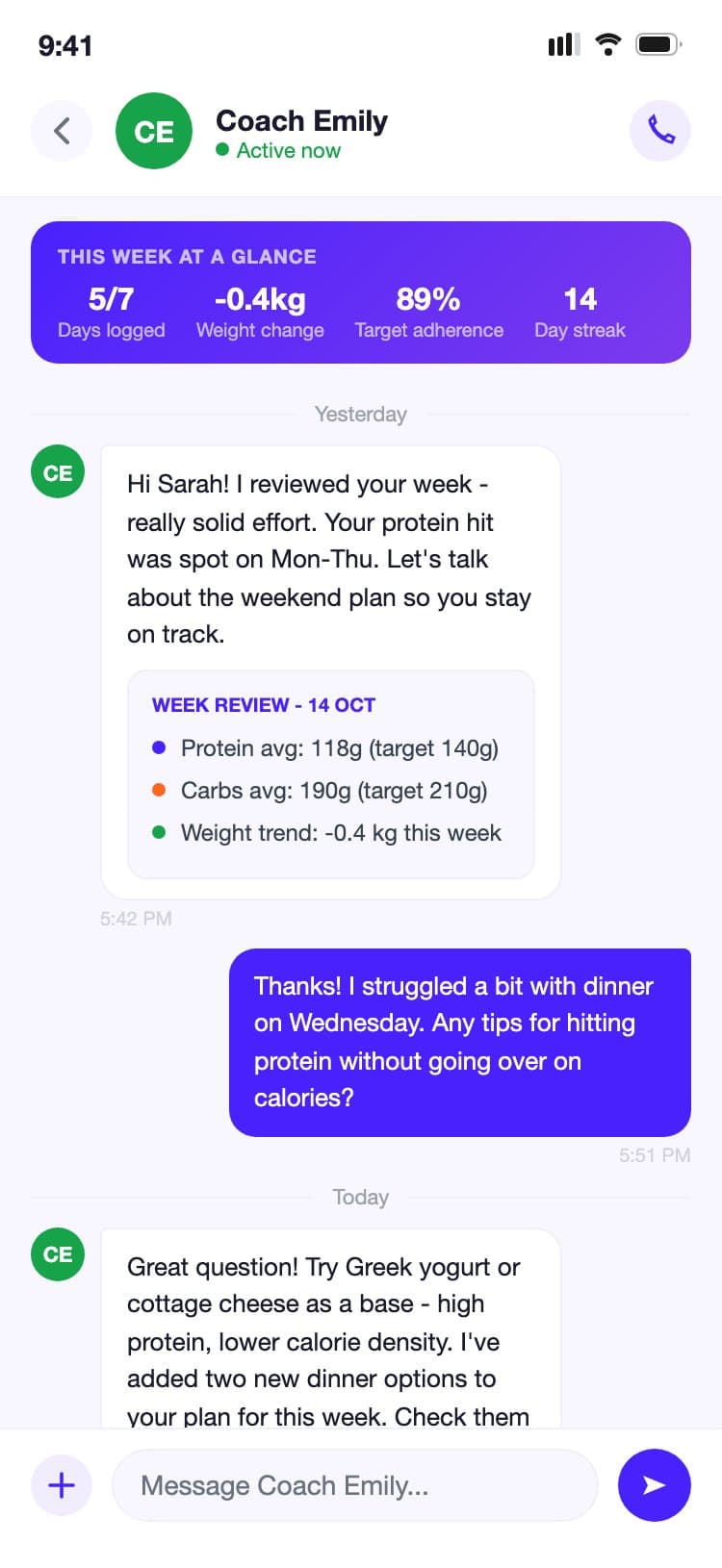 Coaching chat screen with a weekly summary banner and a conversation between the user and their assigned coach