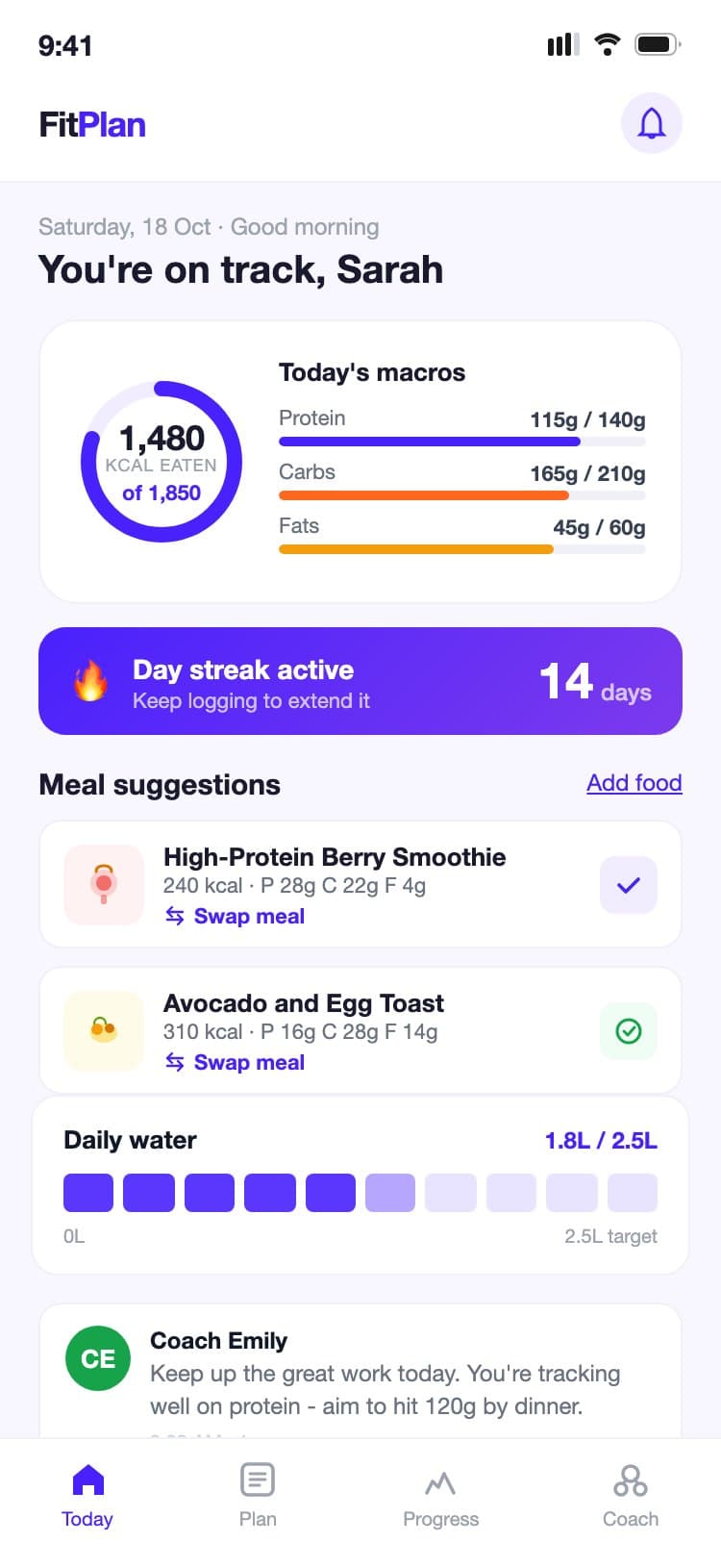 FitPlan today screen showing a calorie ring, macro progress bars, meal suggestions, and a coach message card