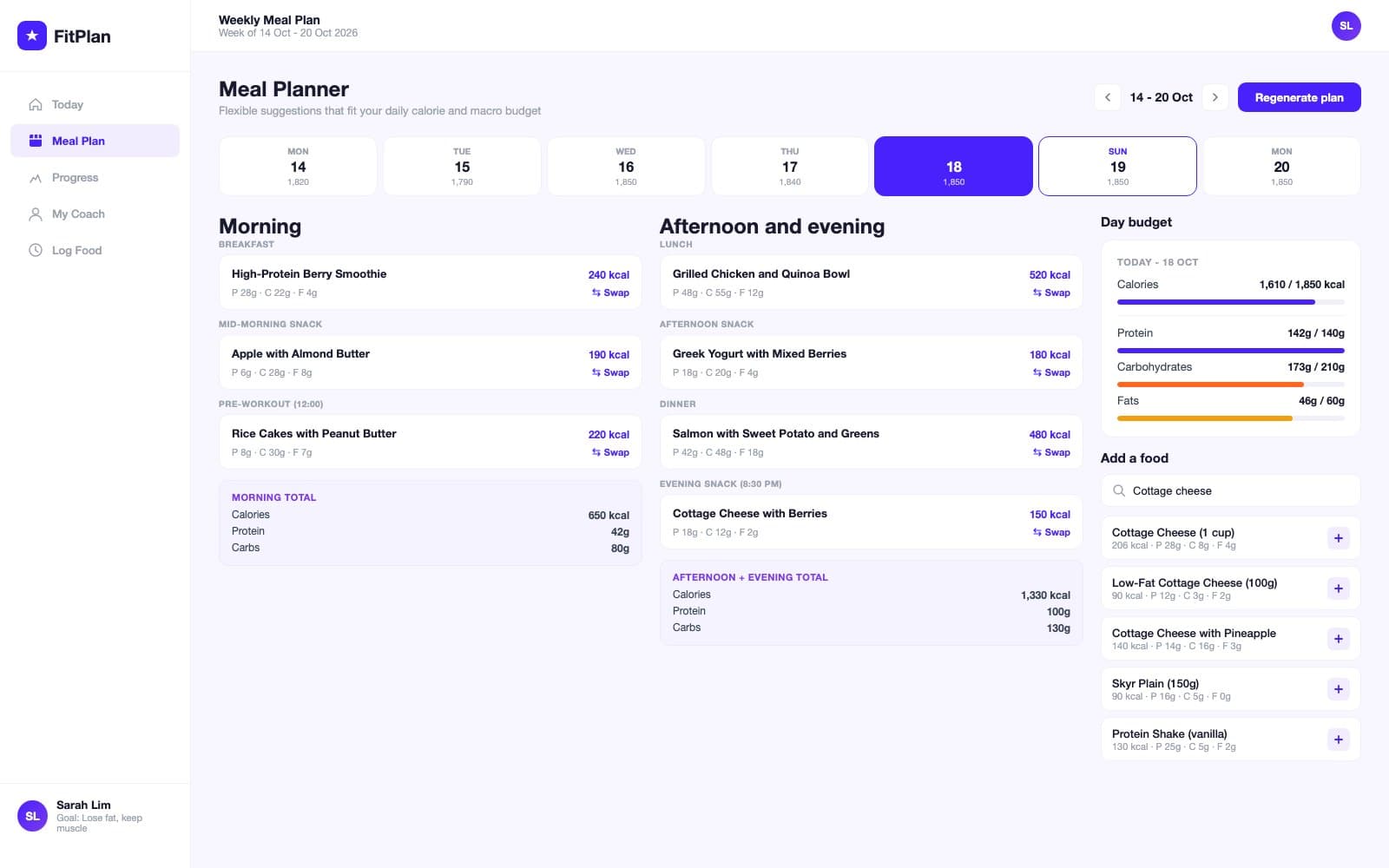 Meal planner screen with a day selector strip, a two-column meal layout for morning and afternoon, and a macro budget sidebar