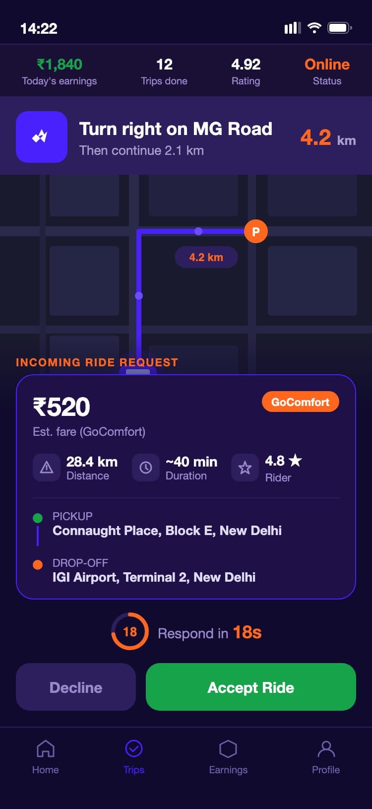 GoRide driver app - incoming trip request with fare, distance, route map, and accept or decline buttons