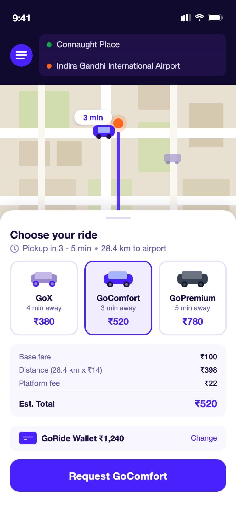 GoRide rider app - booking screen showing pickup and destination fields, live map with route, and ride options