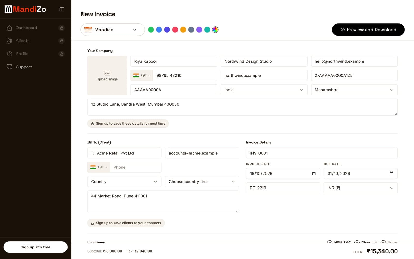 Mandizo invoice editor with a filled demo invoice
