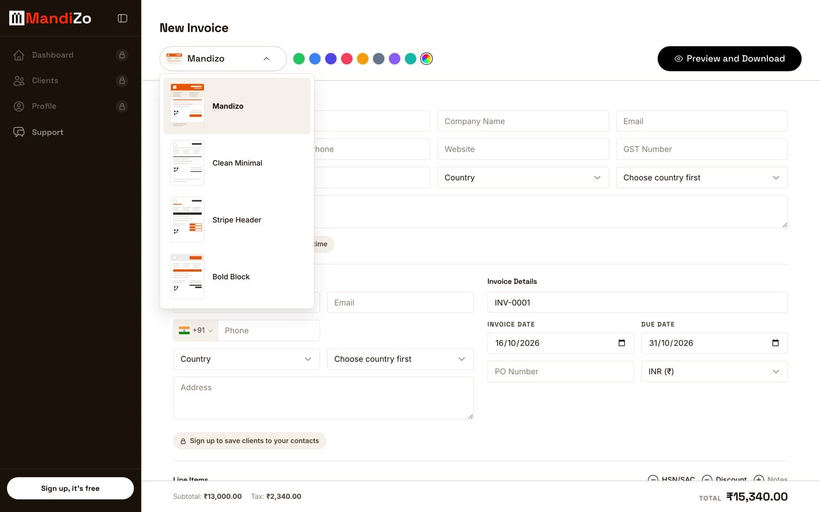 Mandizo invoice template picker