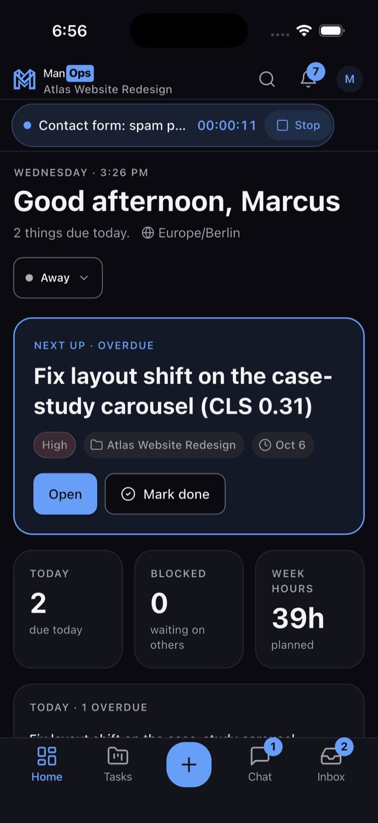 ManOps iOS home screen
