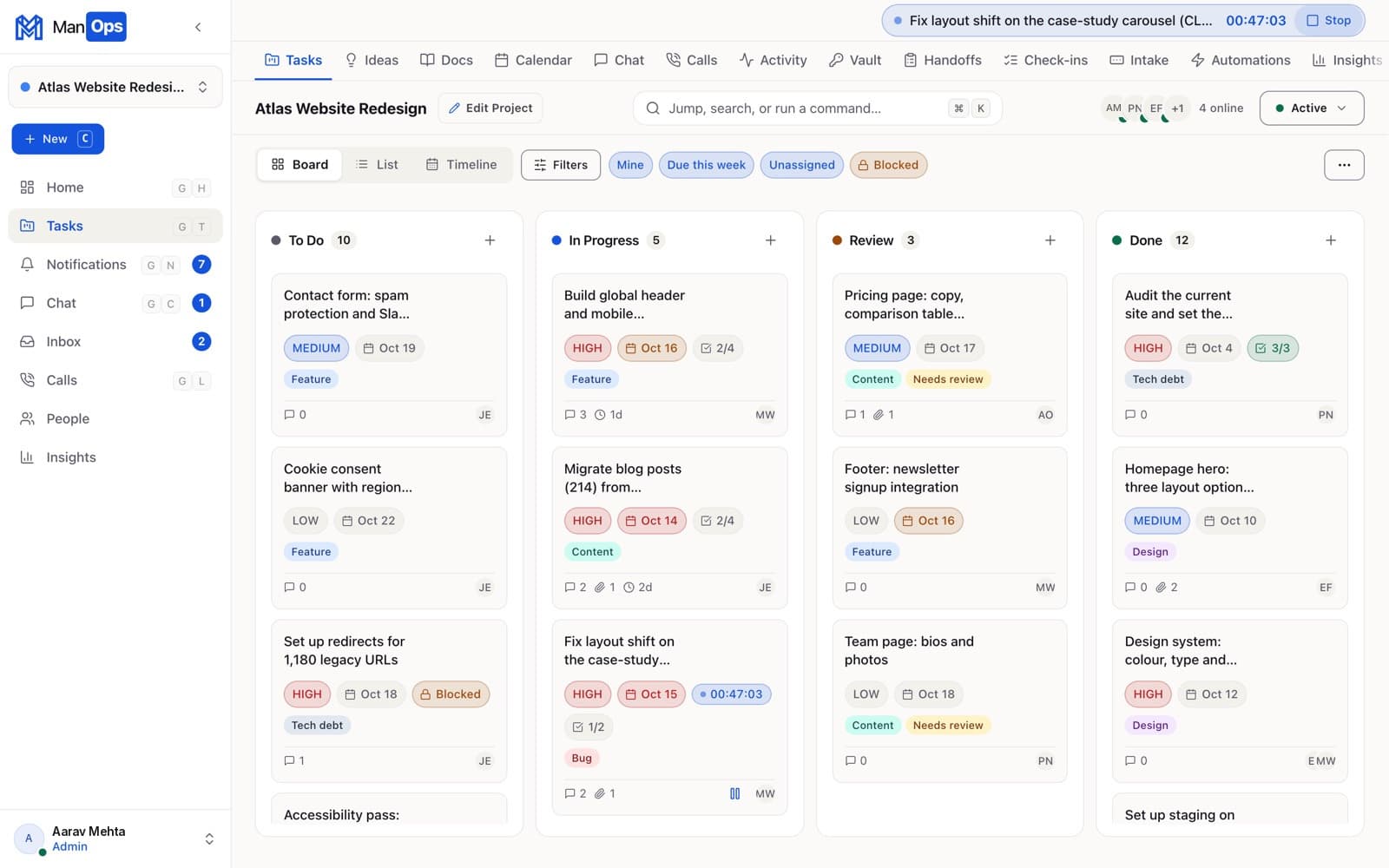 ManOps task board in light theme