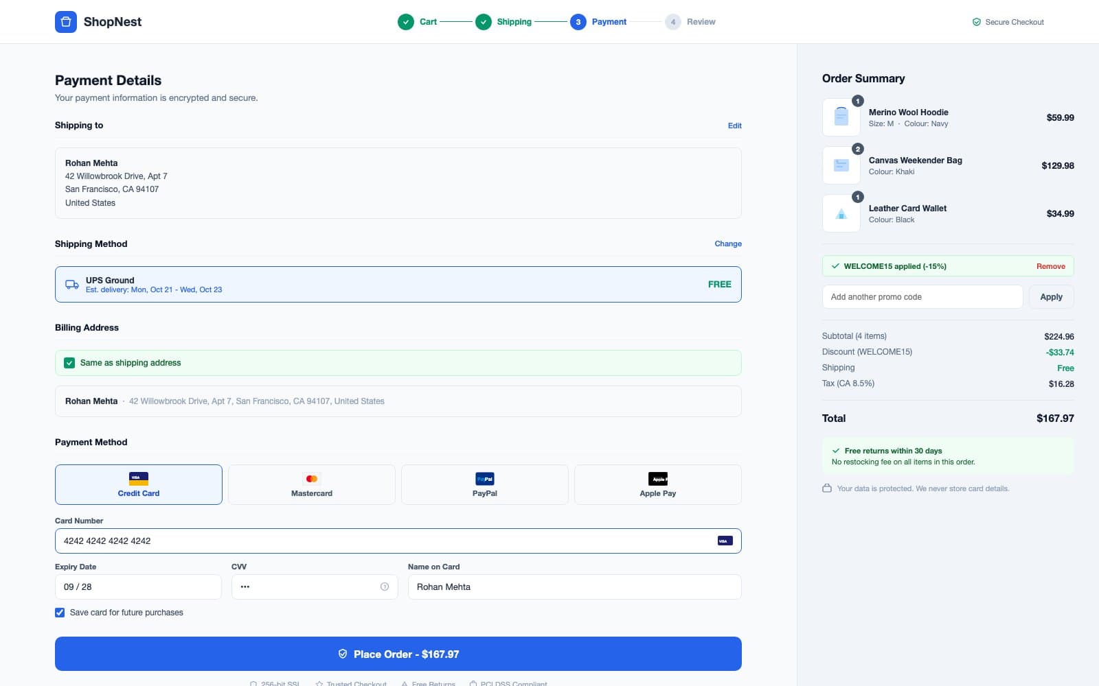 ShopNest multi-step checkout flow with shipping details, payment form and order summary