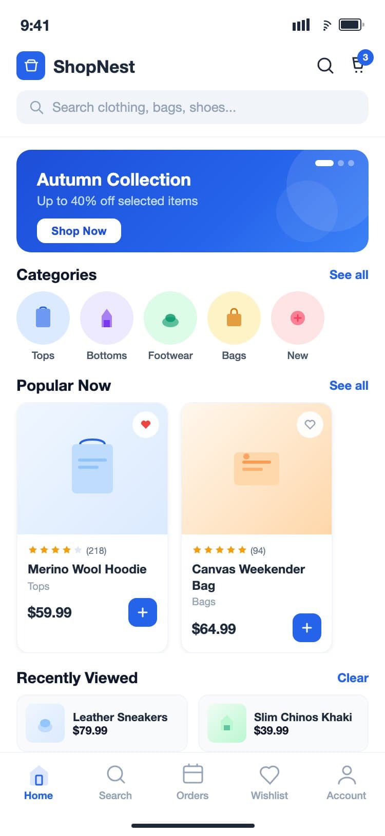 ShopNest mobile shopping screen with category circles, product cards and bottom navigation