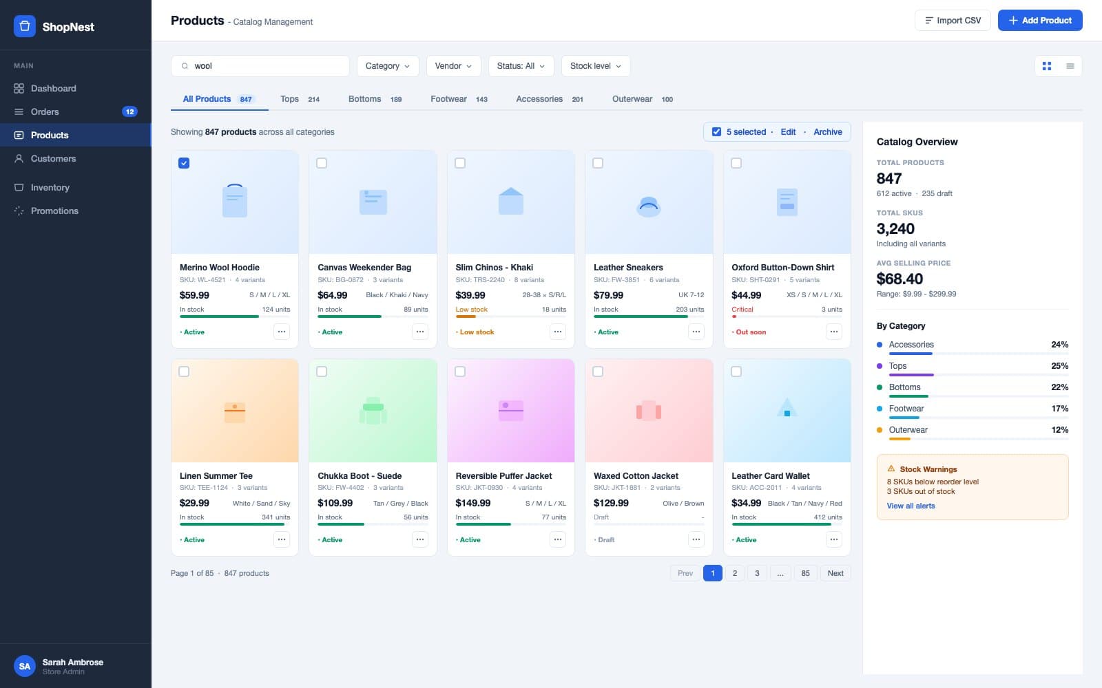 ShopNest product catalog grid with category filters, stock indicators and catalog overview sidebar