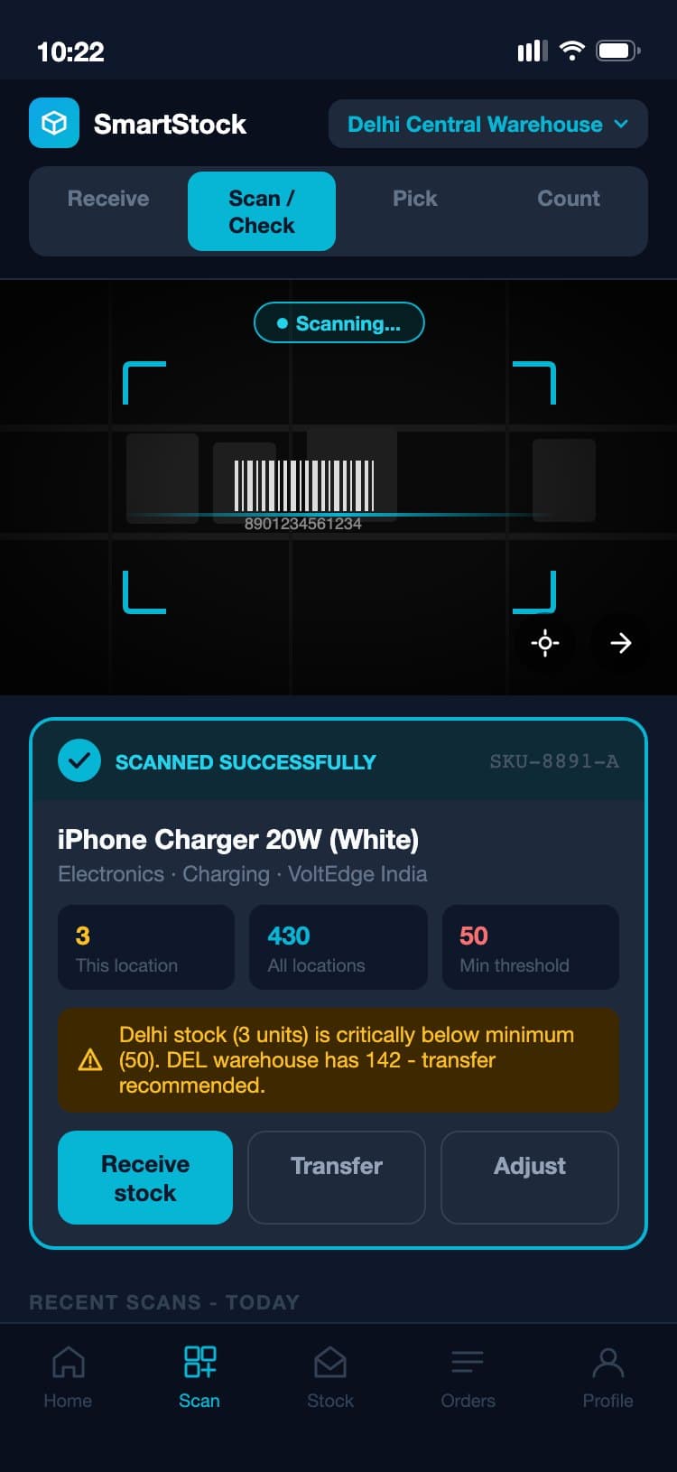 SmartStock mobile barcode scanner with camera viewfinder, scan result card showing SKU details, and recent scans list