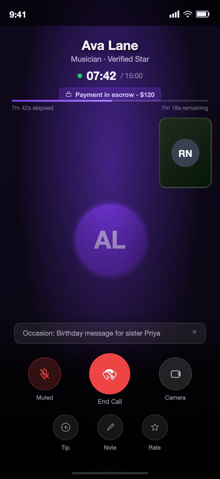 StarCall iOS live video call screen showing a large avatar of the celebrity, a live timer counting 7 minutes 42 seconds of a 15-minute session, an escrow payment indicator, a local camera preview, and call controls including mute, end call, and camera