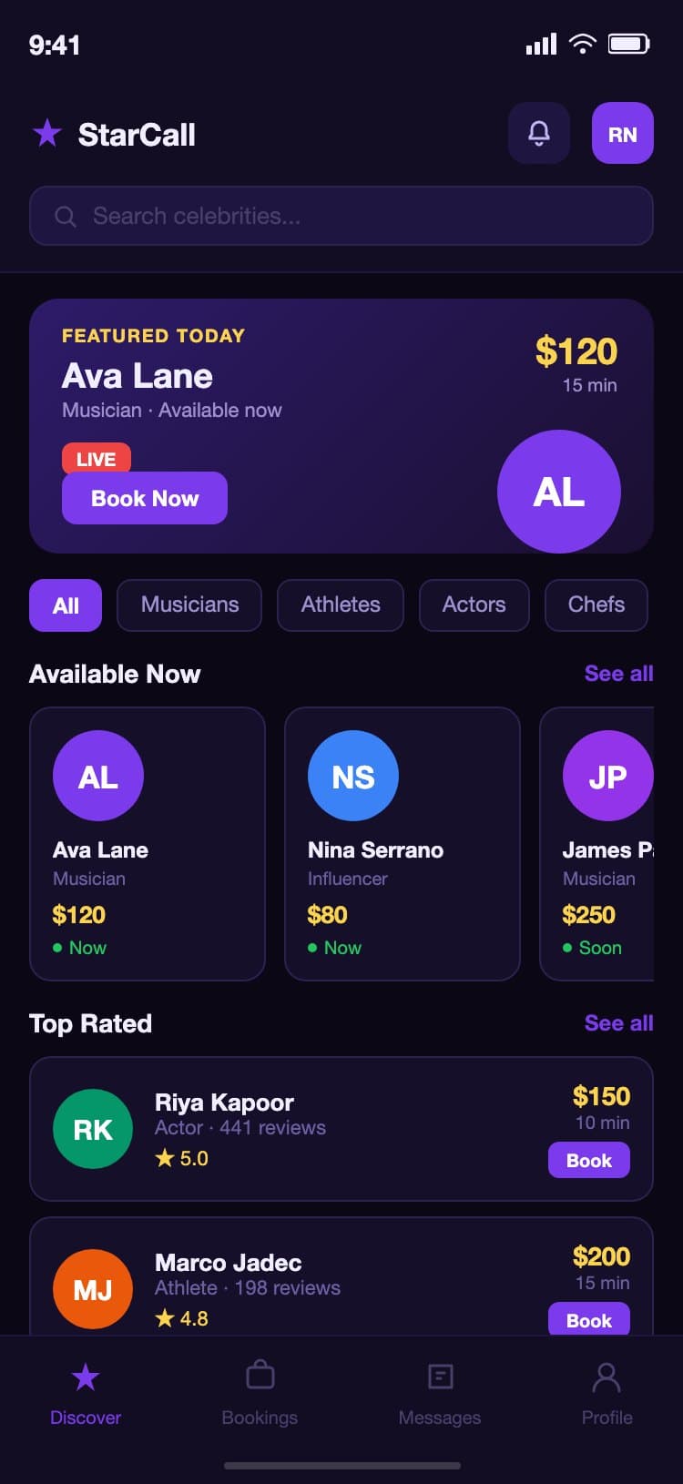 StarCall iOS home screen showing a featured celebrity banner with a live indicator, horizontal cards for celebrities available now, and a vertical list of top-rated talent with prices and booking buttons