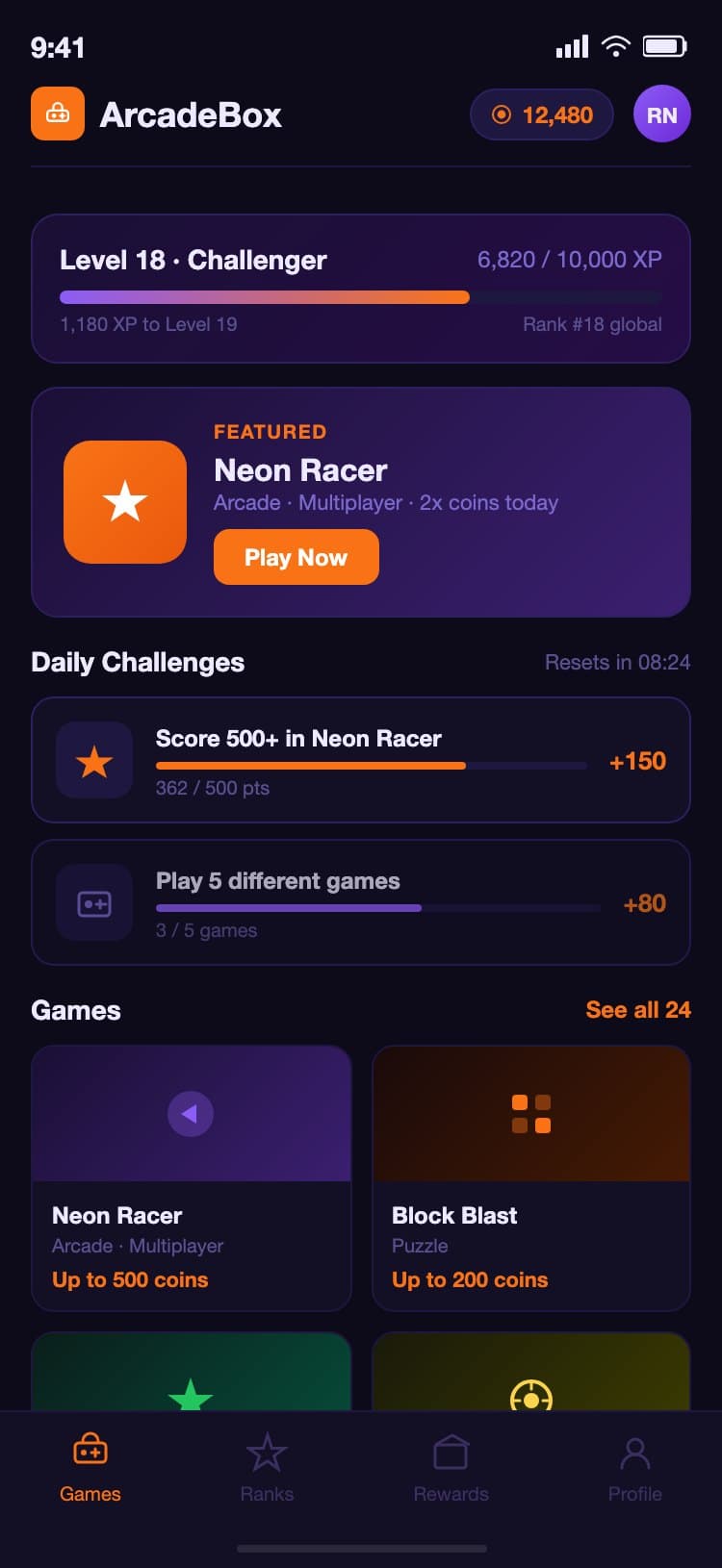 ArcadeBox iOS home screen showing a featured game banner for Neon Racer with a 2x coins today badge, an XP progress bar showing Level 18 at 68 percent, two active daily challenge cards with progress bars, and a two-column grid of available games each showing coin rewards