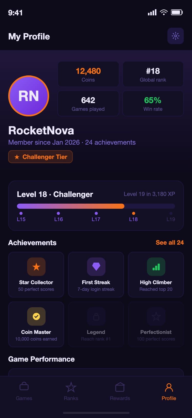 ArcadeBox iOS profile screen showing a player avatar with an orange XP border, a stats grid with coins, global rank, games played, and win rate, an XP progress bar from Level 15 to 19 with current position at Level 18, a 3x2 achievements grid with locked and unlocked badges, and a game performance bar chart