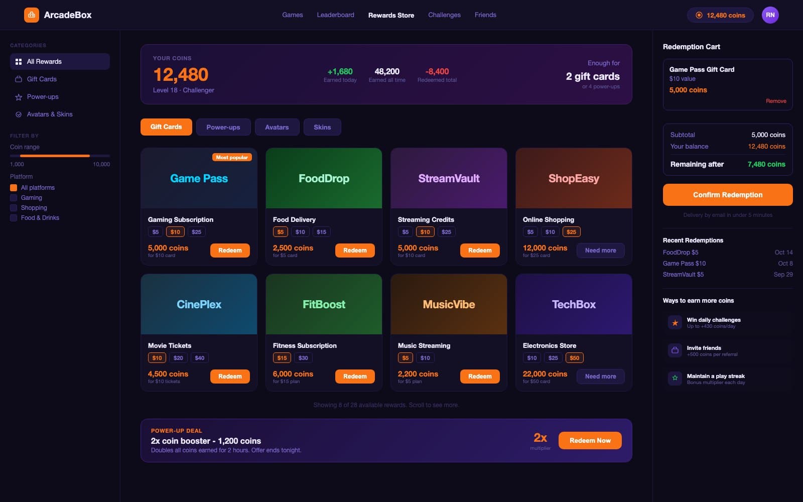 ArcadeBox rewards store showing a coin balance header with earned and redeemed totals, a grid of branded gift cards for gaming, food delivery, and streaming services each with selectable denominations and coin costs, a sidebar with filters, and a right panel showing the redemption cart and recent redemptions
