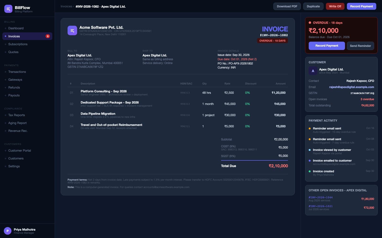 BillFlow invoice detail showing a full invoice document with line items, GST breakdown, and a payment activity timeline