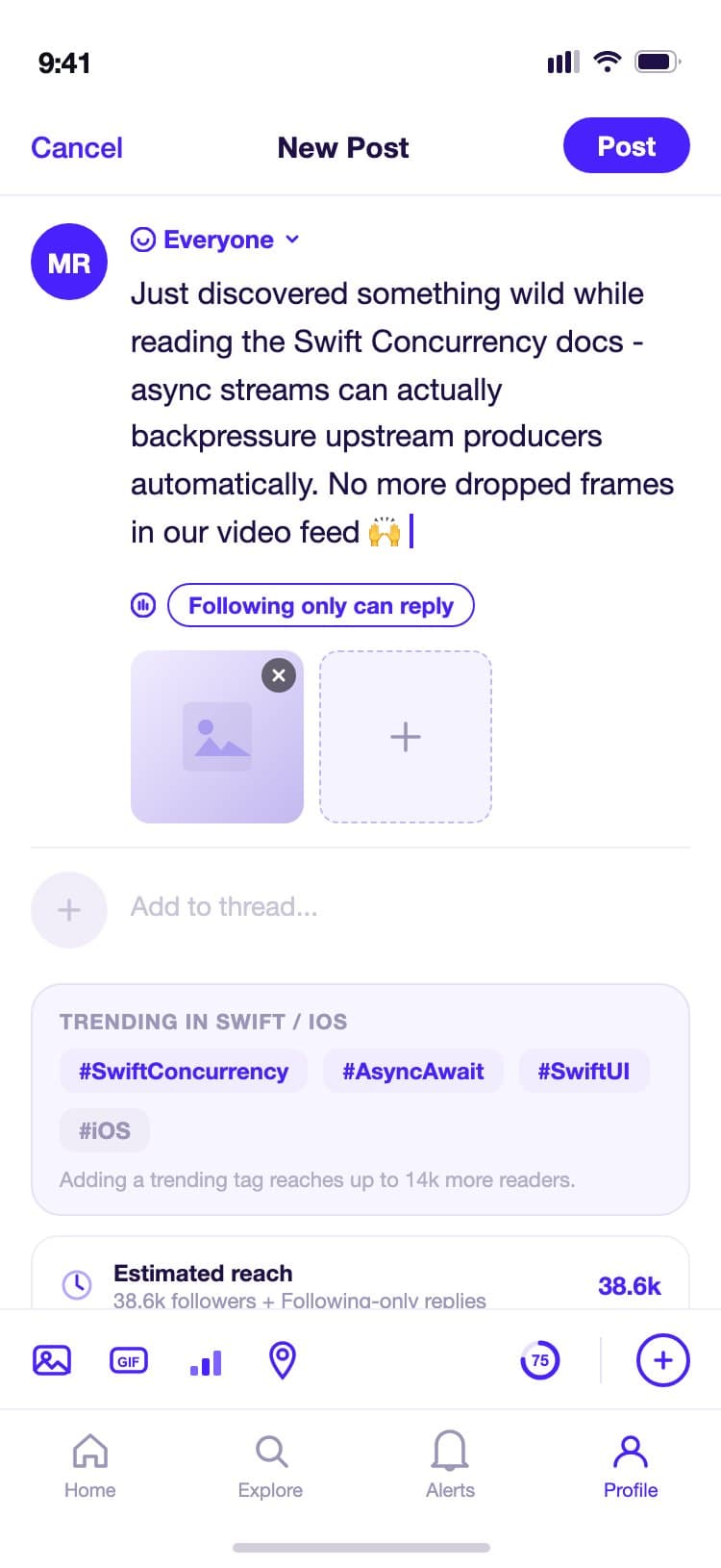 ChirpFeed compose screen with a text input, audience selector, media attachment strip, character counter ring, and a thread preview below