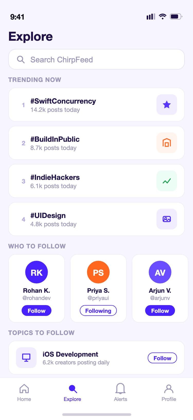 ChirpFeed explore screen with a search bar, trending topic cards showing post counts, and a suggested accounts section with follow buttons