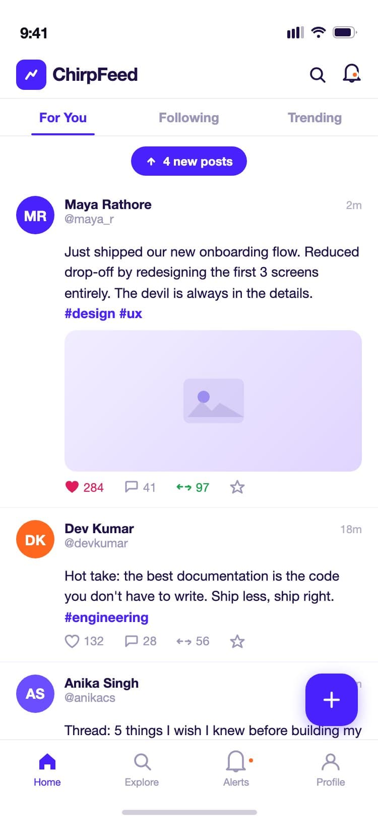 ChirpFeed home timeline showing For You, Following, and Trending tabs with posts from different users, like and repost counts, and a floating compose button