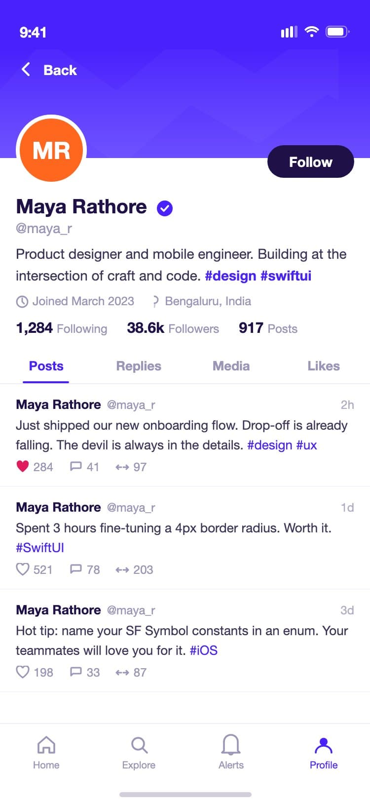 ChirpFeed user profile showing a purple cover photo, avatar with verified badge, follower and following counts, and a grid of recent posts across Posts, Replies, Media and Likes tabs