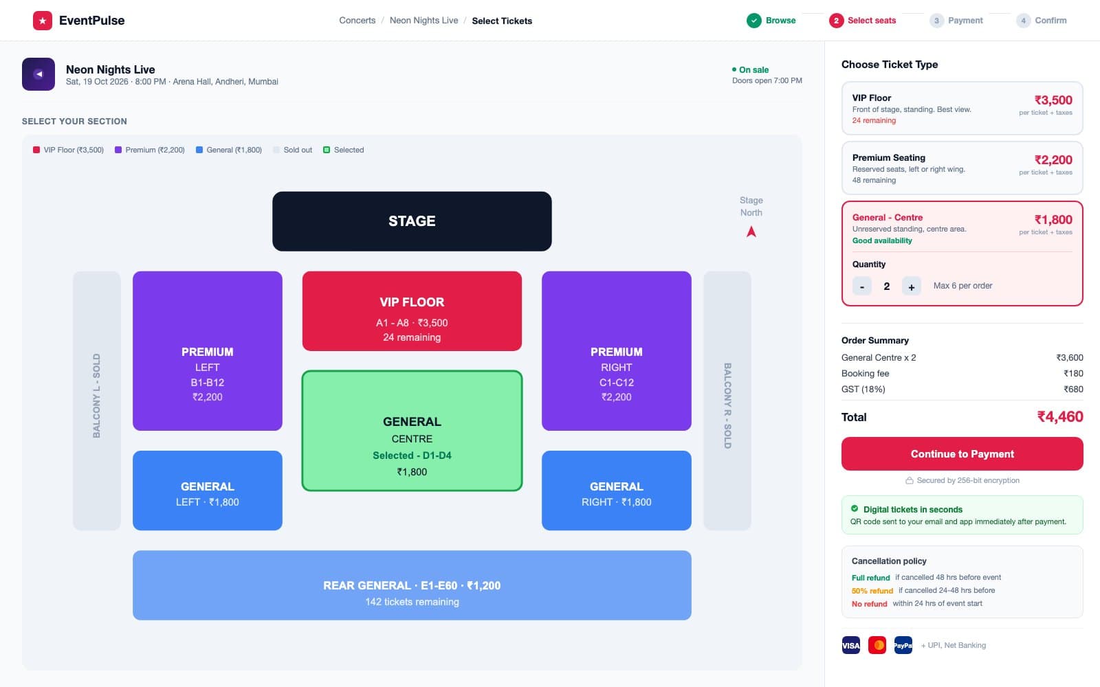 EventPulse ticket booking page showing a color-coded interactive venue map with stage at top and sections labeled VIP Floor, Premium, General, and Rear General with a sold-out balcony, alongside a right panel listing ticket tiers with prices and availability, a quantity selector, order summary showing totals and taxes, and a continue to payment button