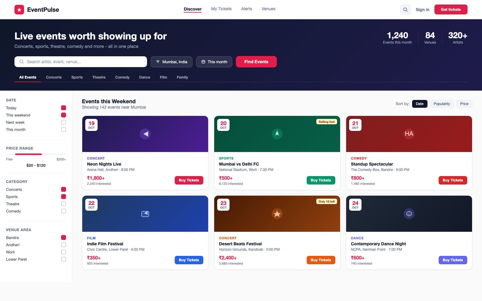EventPulse web event discovery page showing a dark hero section with a search bar, location filter, and category pills, below which a three-column grid of event cards each with a colored banner, date badge, category label, venue details, ticket price, and a buy tickets button