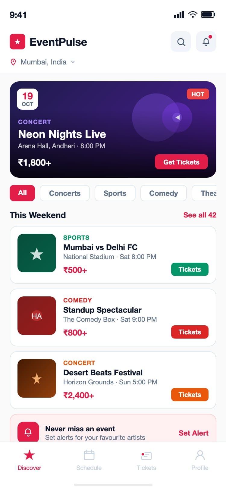 EventPulse iOS event discovery screen showing a hero banner for the featured concert with a HOT badge, a horizontal category filter row, and a list of upcoming events with colored thumbnail, category label, event name, venue, time, and ticket price
