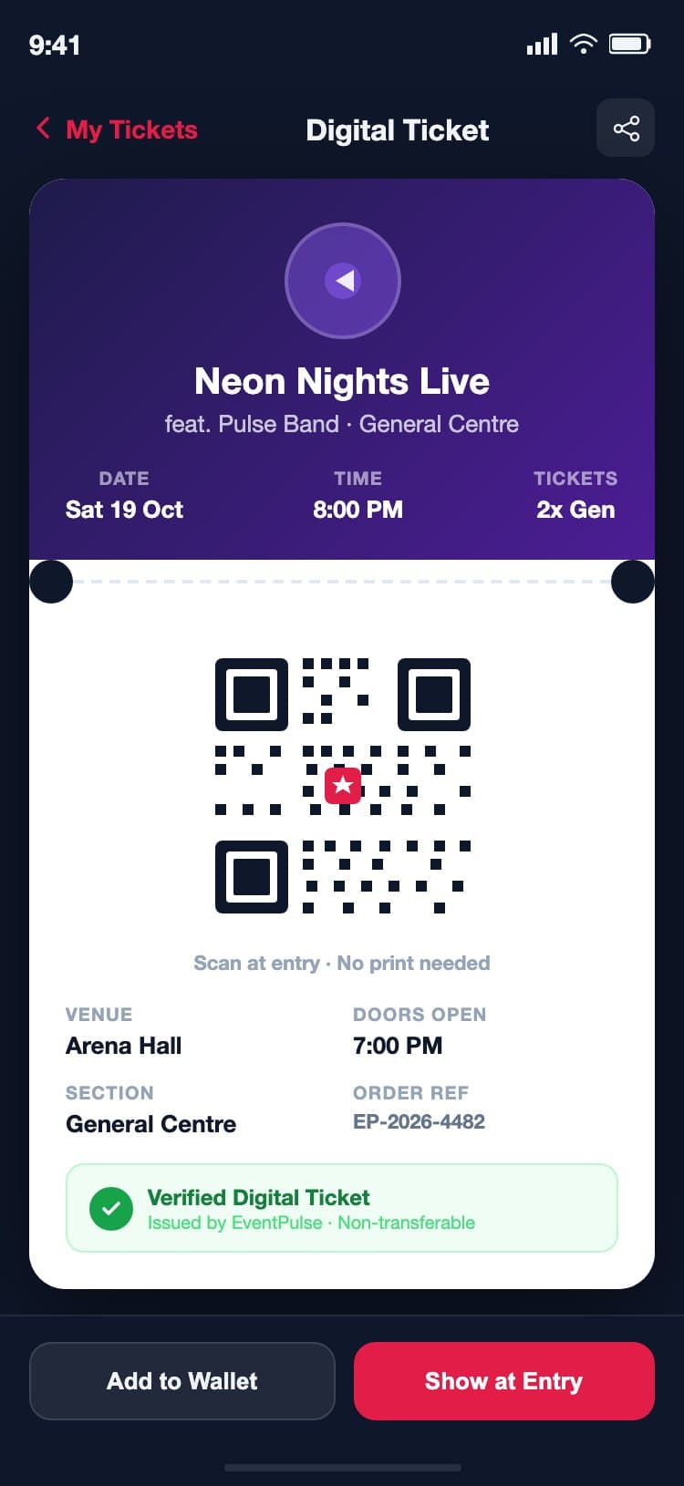 EventPulse iOS digital ticket screen showing a dark background with a white ticket card, a purple concert header with event name and date, a dashed ticket tear divider, a QR code with the EventPulse logo at the center, venue and section details, a verified digital ticket badge, and Add to Wallet and Show at Entry buttons at the bottom