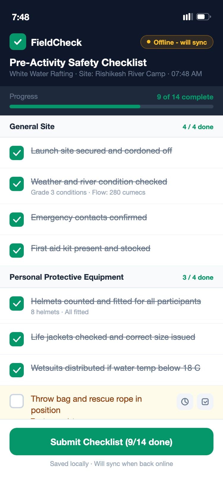 FieldCheck mobile app - pre-activity safety checklist with progress bar, section groups, and offline sync badge