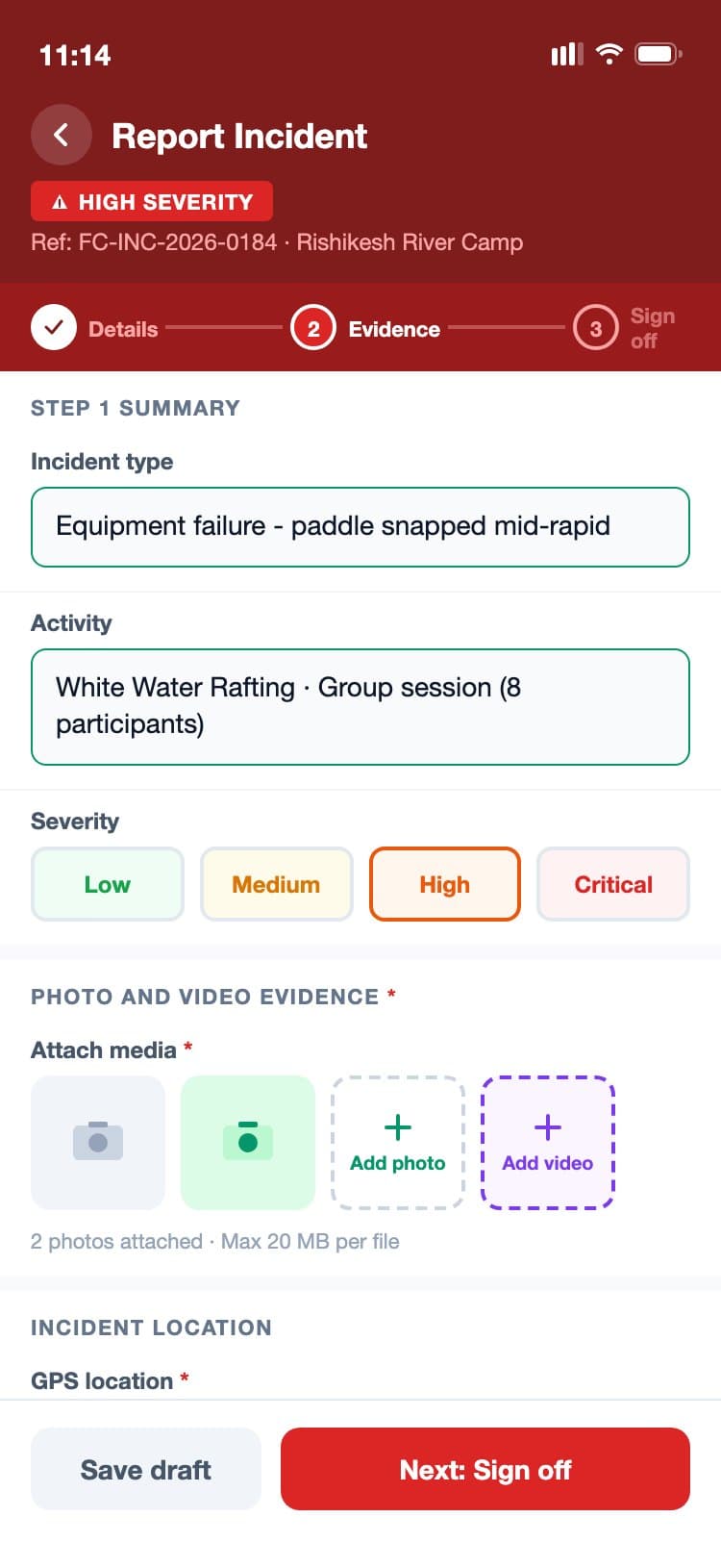 FieldCheck mobile app - incident report form with severity selector, photo evidence grid, and GPS location card