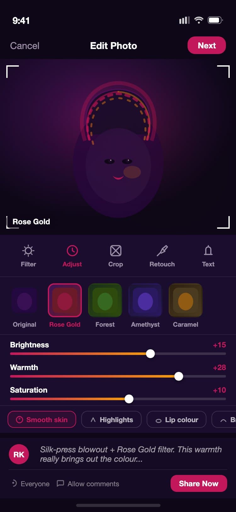 GlamHub dark photo editor with a beauty photo on canvas, crop handles, a horizontal filter strip with Rose Gold selected, brightness and warmth sliders, and beauty retouch tool chips including Smooth skin and Lip colour