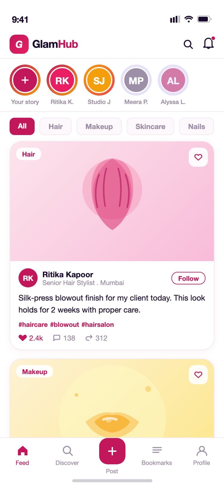 GlamHub home feed with a stories row, category filter chips for Hair, Makeup, Skincare and Nails, a post card showing a styled hair look with likes and hashtags, and a floating post button