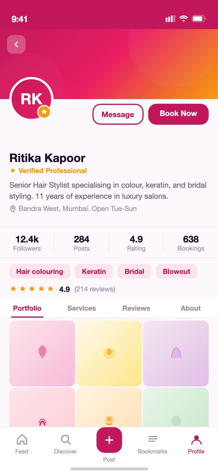 GlamHub professional profile with a rose-to-gold gradient cover, avatar with a gold verified badge, Book Now and Message buttons, follower and booking stats, service chips, a five-star rating, and a six-cell portfolio grid
