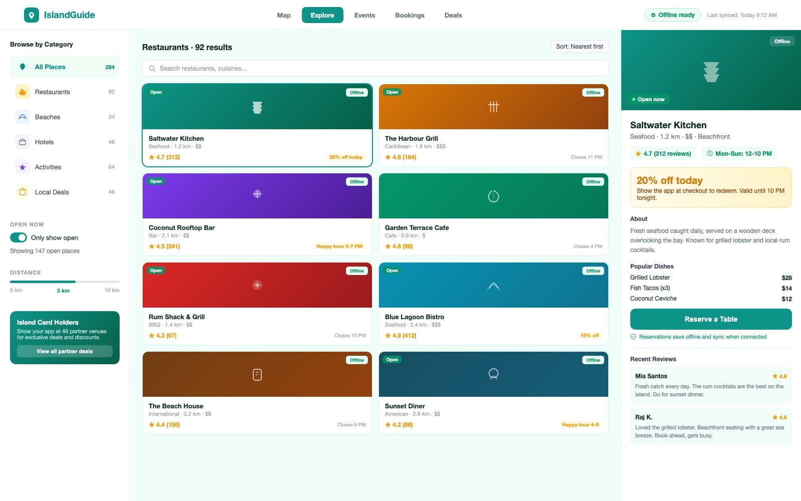 IslandGuide in-app explore view showing a category sidebar with place counts, a six-item restaurant grid with open or closed status and offline badges, and a right detail panel for a selected restaurant showing its deal, description, popular dishes, and a Reserve a Table button with an offline sync note
