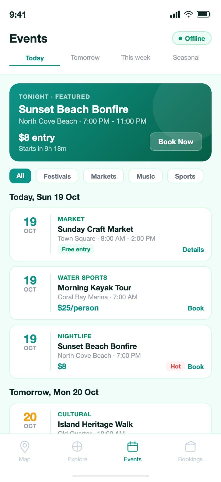 IslandGuide iOS events screen showing a teal featured event banner for Sunset Beach Bonfire tonight with a countdown and Book Now button, horizontal category filter chips, and a dated list of today and tomorrow events each with type label, name, venue, time, and price or free entry tag