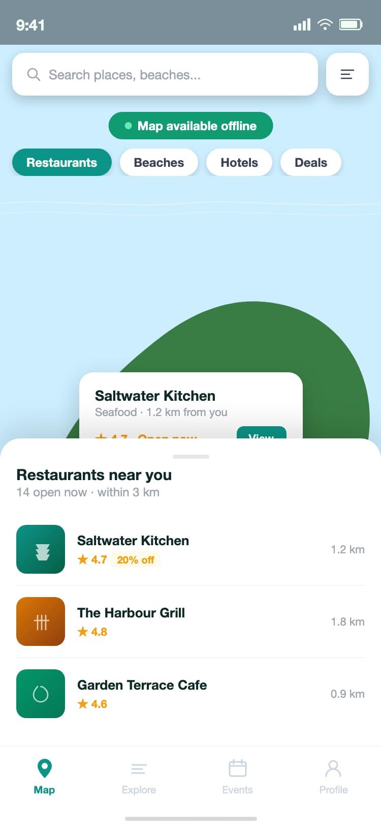 IslandGuide iOS map screen showing a light blue ocean background with a green island shape, color-coded POI markers for restaurants, beaches, hotels, and activities, an offline available banner, a search bar overlay, category filter chips, a selected POI popup showing Saltwater Kitchen with a deal, and a bottom sheet listing the nearest restaurants