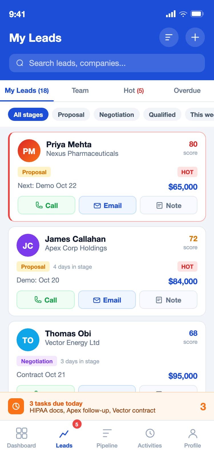 LeadSync mobile leads list with lead score, deal value, stage badge and quick action buttons