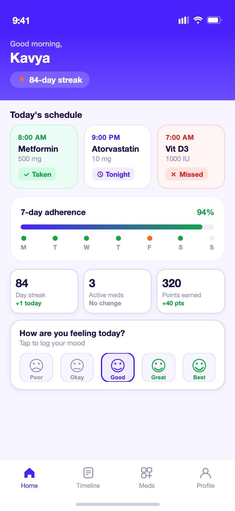 MedTrack dashboard with a purple gradient header showing a daily streak, three medication dose cards colour-coded by status, a 7-day adherence chart with coloured dots, streak and points stats, and a mood check-in row