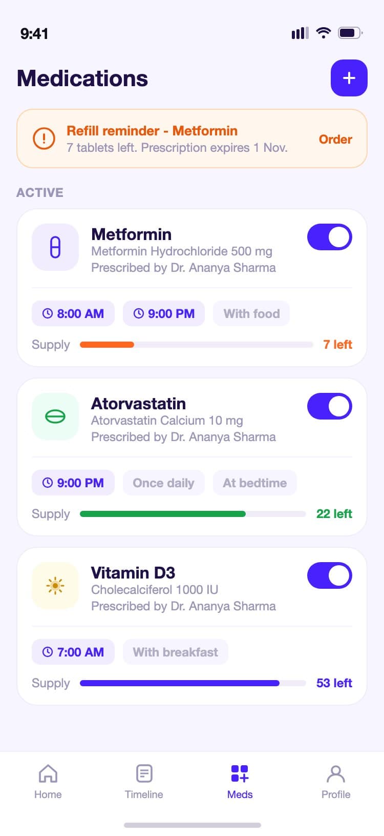 MedTrack medications screen with a refill alert banner, three medication cards each showing a supply bar, remaining count, dosage schedule, and an on-off toggle switch