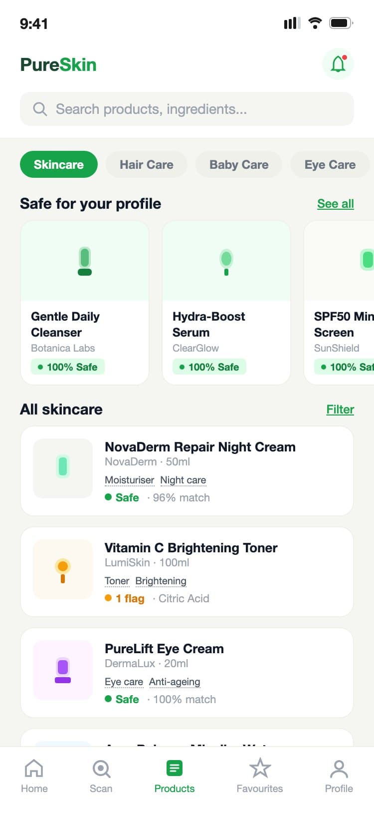 Product discovery feed filtered to safe skincare products with a category tab row and horizontal safe-product strip