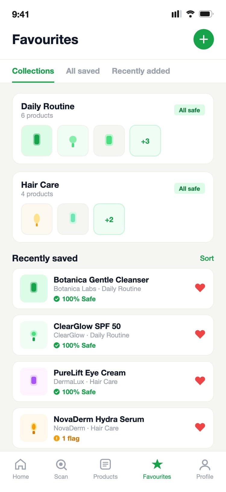 Favourites screen showing two named product collections with thumbnail previews and item counts
