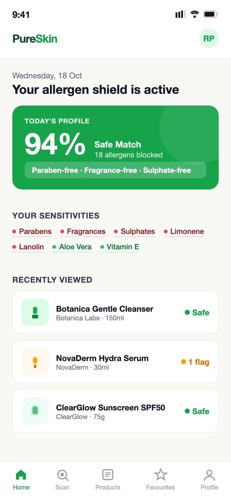 PureSkin home screen showing a 94% safe match score and a list of recently viewed products with safety status indicators