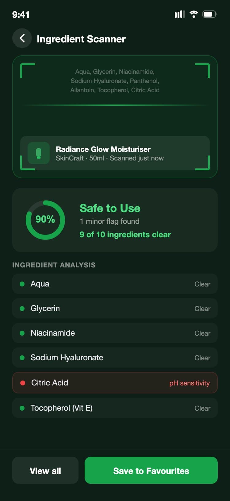 Ingredient scanner in dark mode with a 90% safety ring and an ingredient-by-ingredient verdict list