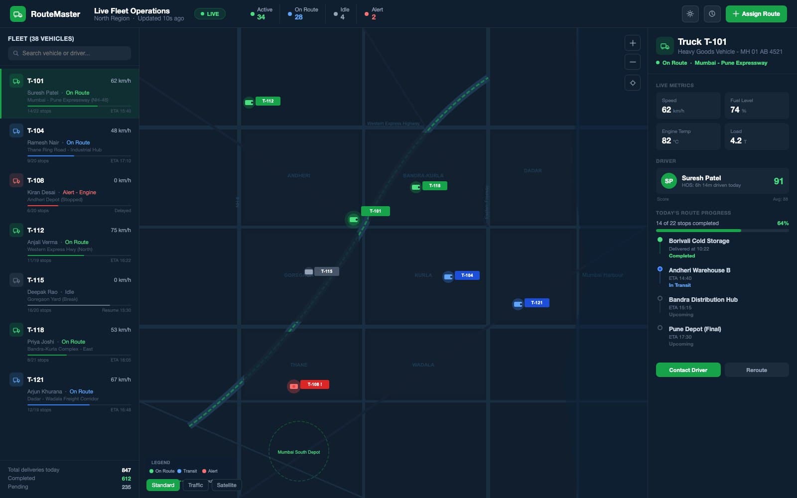 RouteMaster live fleet map showing vehicle positions, status colours and driver detail panel