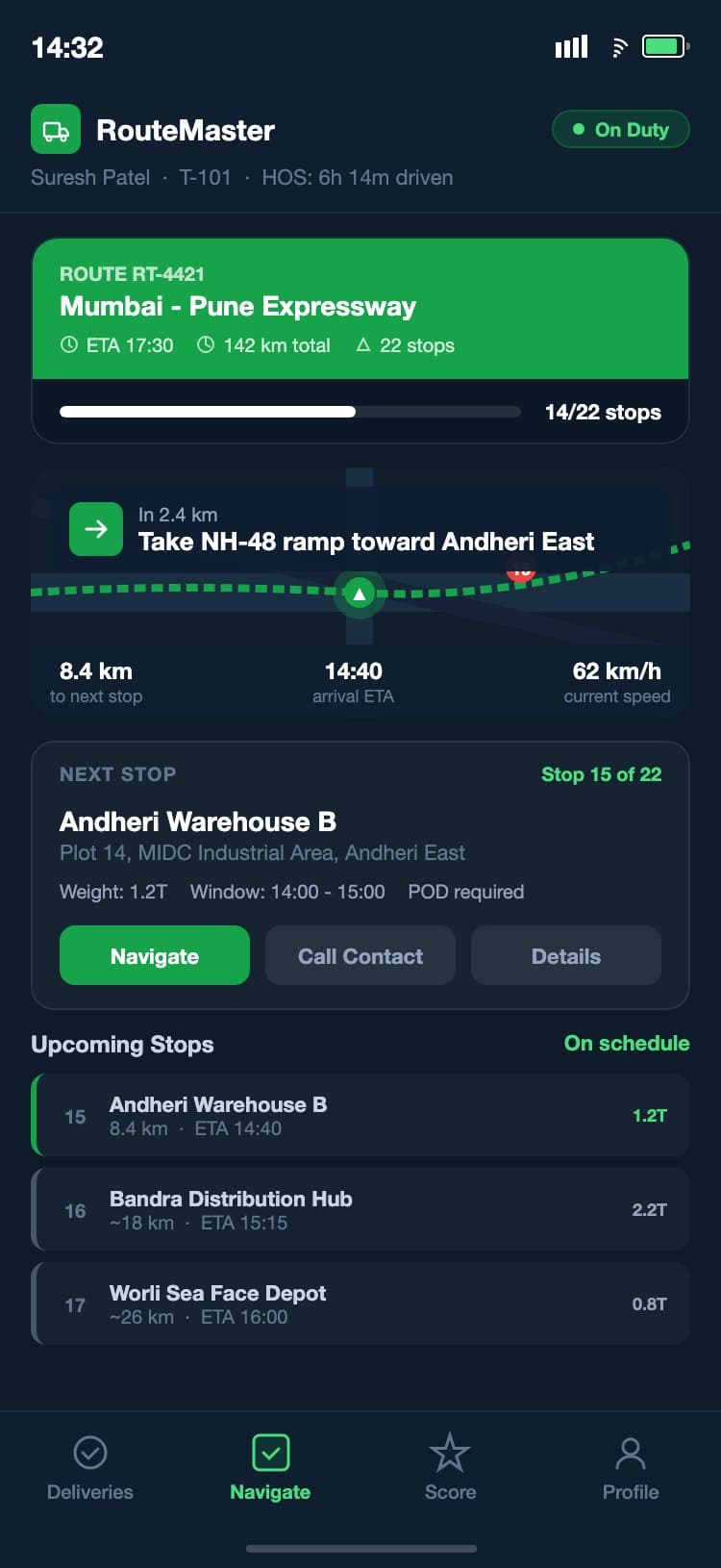 RouteMaster driver mobile app with live route card, turn-by-turn instruction and next stop details