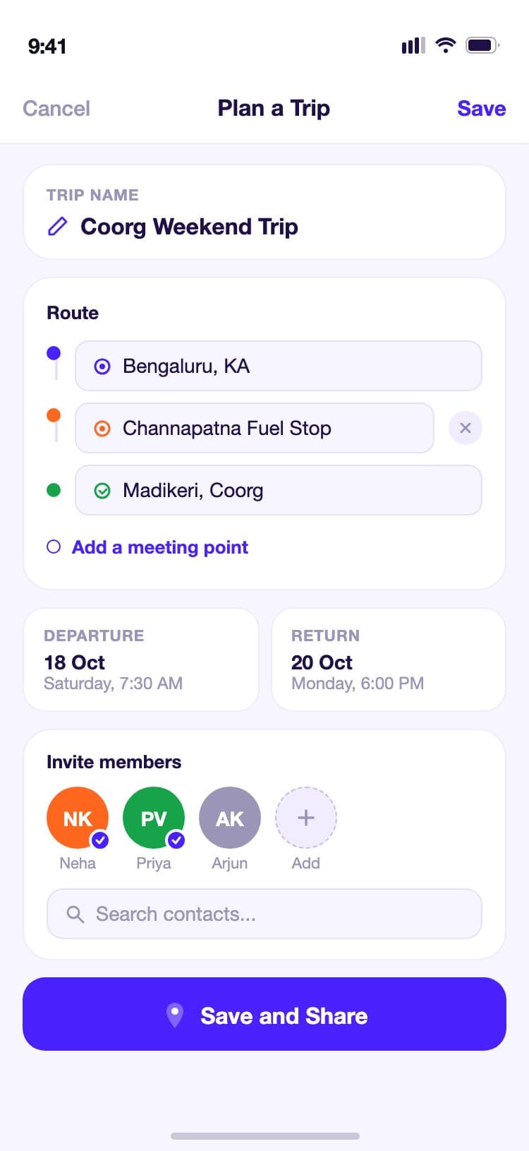 RouteMate plan a trip form with trip name, a route builder showing start and destination with a fuel stop, departure and return date cards, and an invite members grid with checkboxes