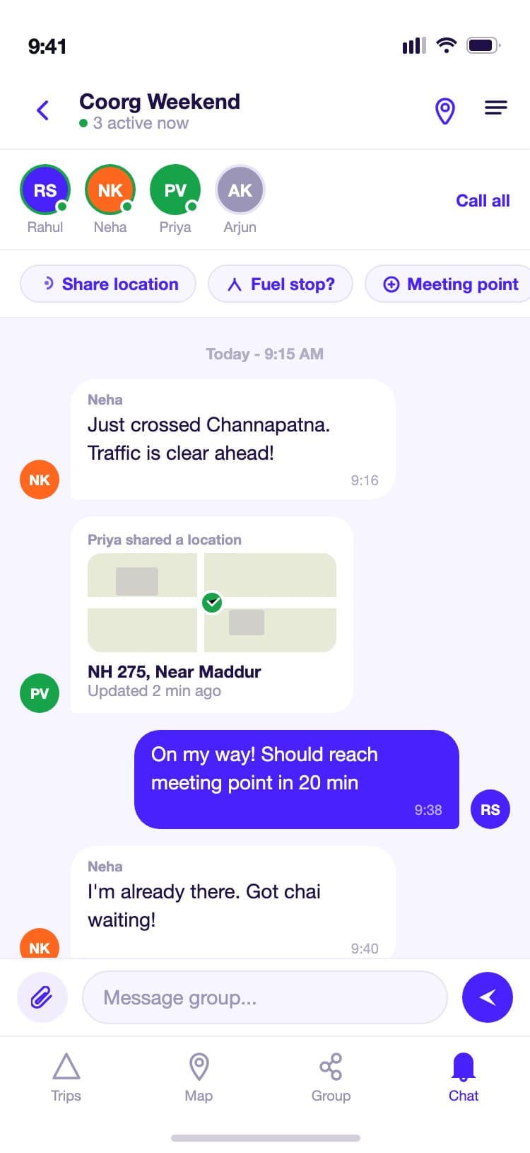 RouteMate group chat for a road trip with online status indicators for each member, quick-action chips for sharing location and suggesting stops, and a shared location card bubble in the message thread