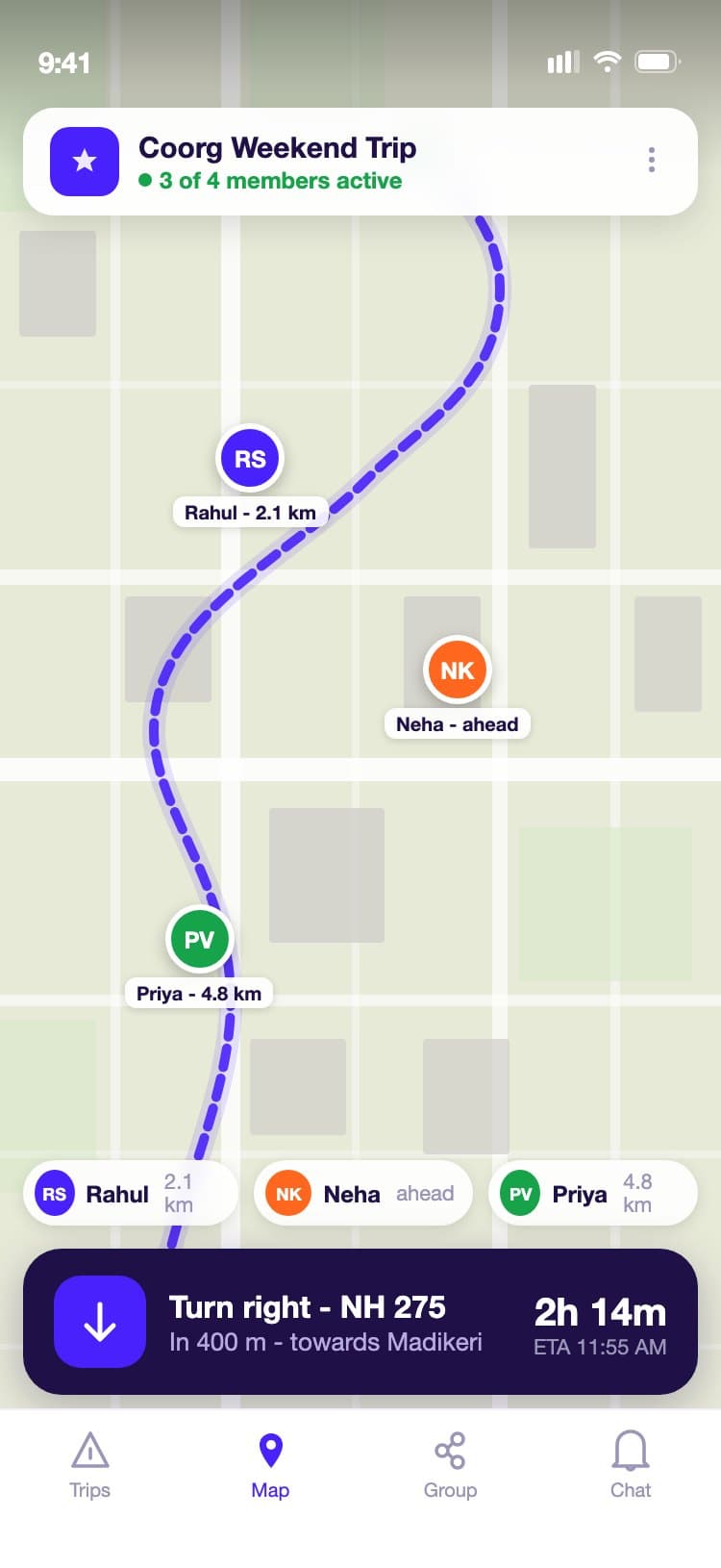 RouteMate live map screen with an SVG road map, member location pins for three travellers, a trip info overlay card, and a turn-by-turn navigation instruction bar at the bottom
