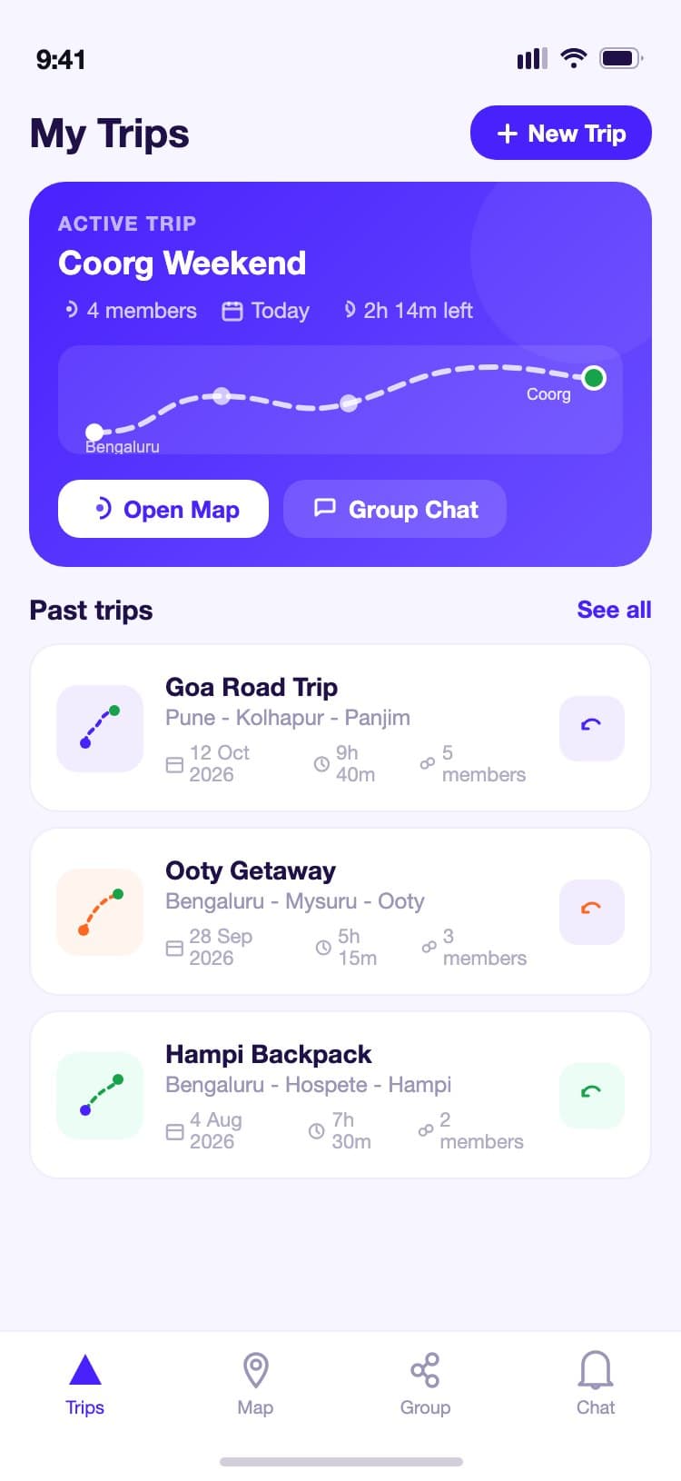 RouteMate My Trips screen showing an active trip card with a route mini-map and Open Map and Group Chat buttons, plus a list of two past trips below