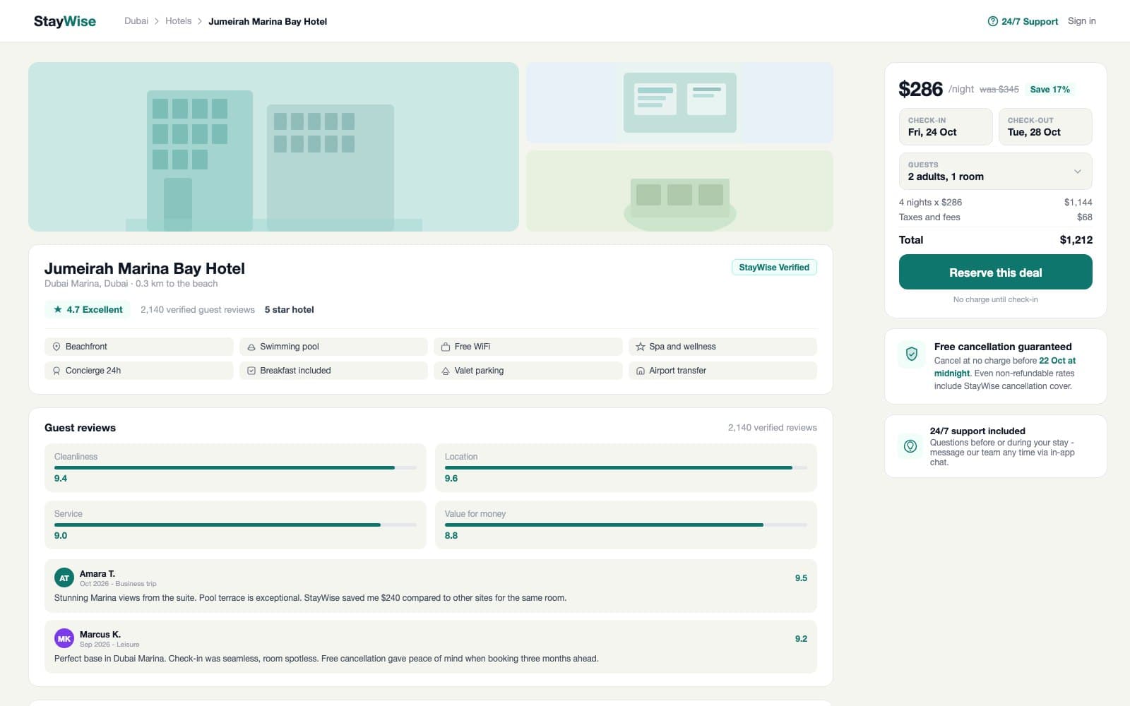 Hotel detail page with a photo strip, amenities grid, guest review scores, a four-column price comparison table, and a booking panel